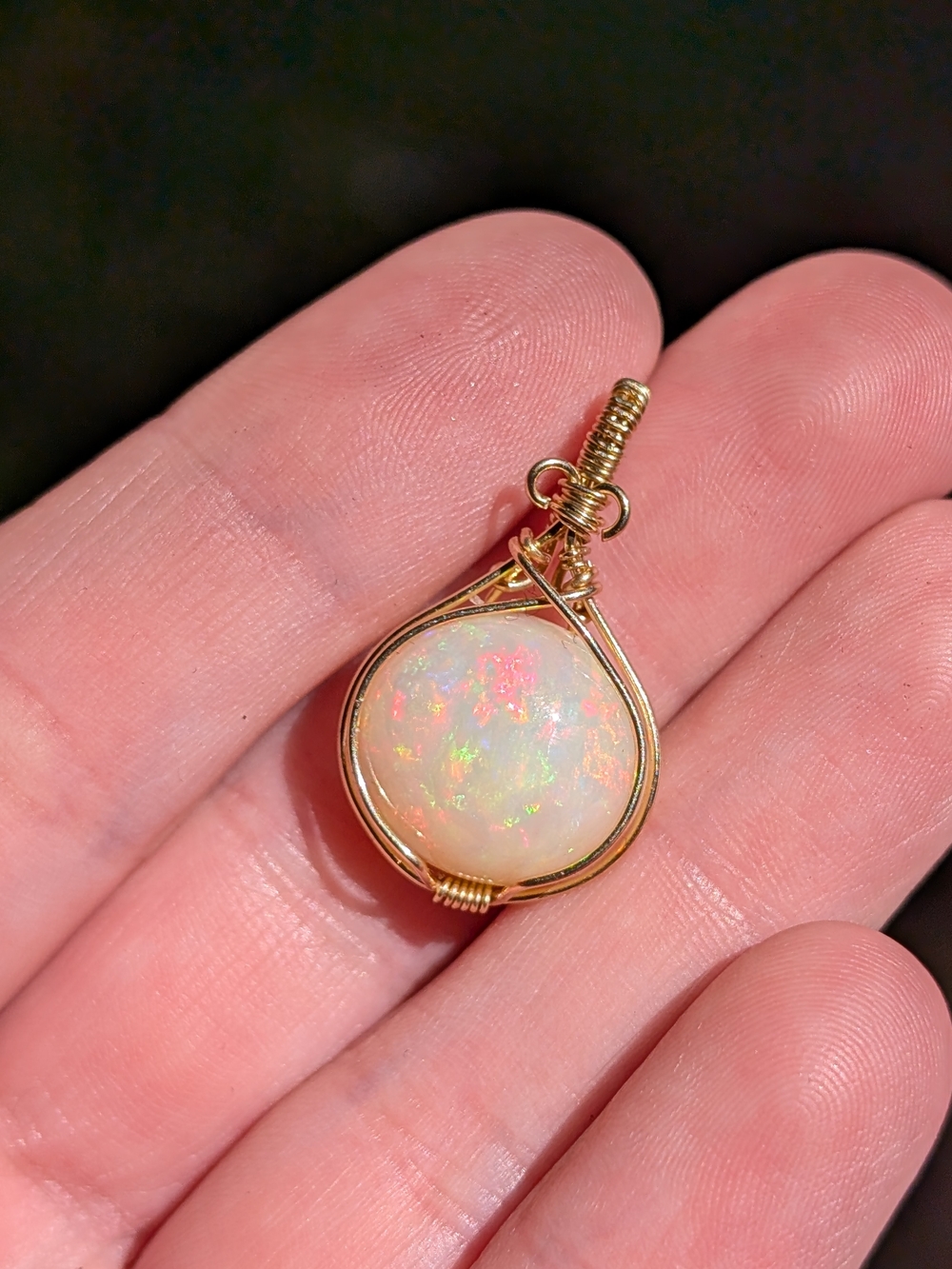 Gold Wire Wrapped Opal Pendant - White Opal Necklace